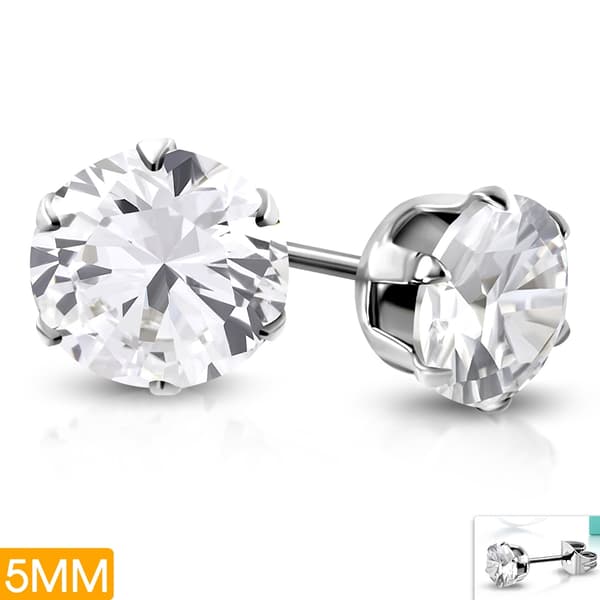 Stiftörhängen Stål 316L med Rund klar Cubic Zircon 5 mm