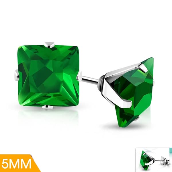 Stiftörhängen Stud Örhängen i Kirurgiskt Stål 316L i Silver Färg med Fyrkantig Grön Cubic Zircon Kristall - 5 mm