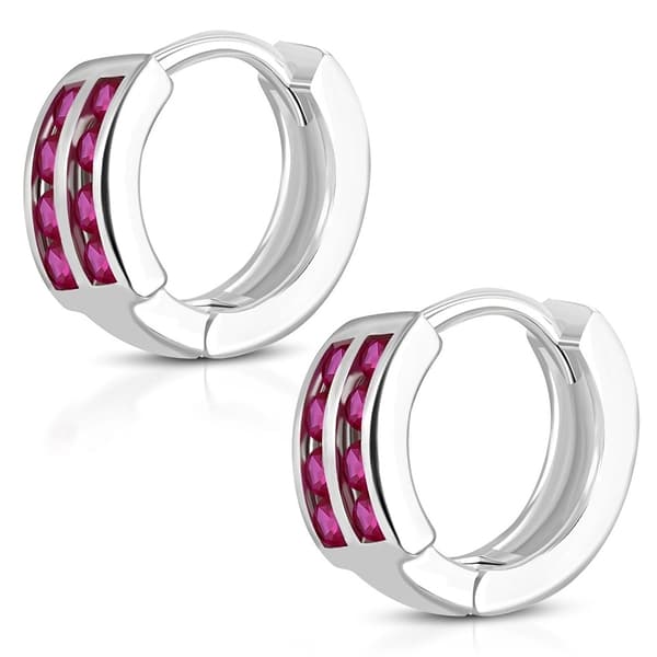 Silverpläterade Örhängen Runda Hoop med rosa Cubic Zircon strass