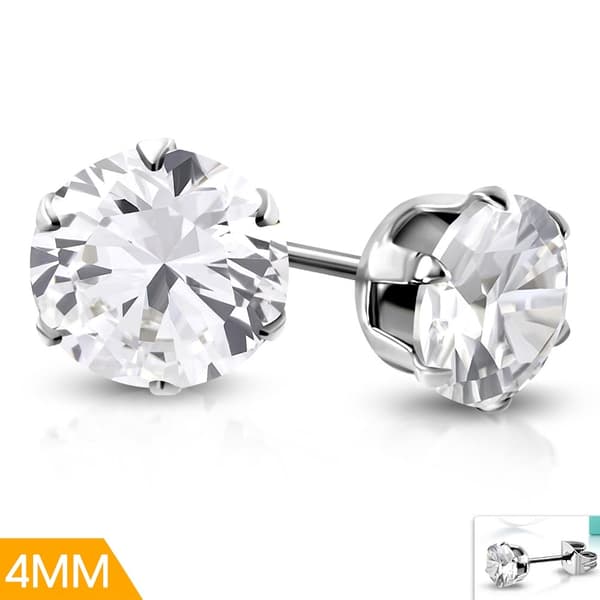 Stiftörhängen Stål 316L med Rund klar Cubic Zircon 4 mm