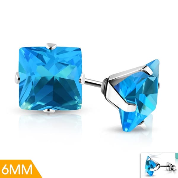 Stiftörhängen Stud Örhängen i Kirurgiskt Stål 316L i Silver Färg med Fyrkantig Turkos Cubic Zircon Kristall - 6 mm