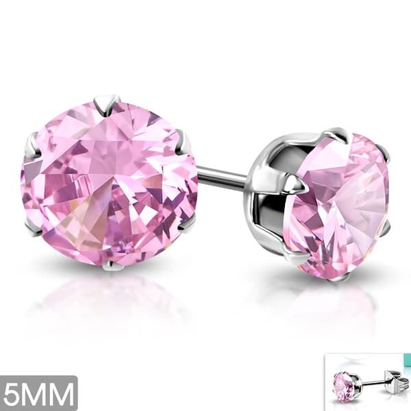 Stiftörhängen Stål 316L med Rund Rosa Cubic Zircon 5 mm