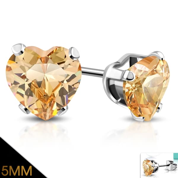 Stiftörhängen Stud Örhängen i Kirurgiskt Stål 316L i Silver Färg - Hjärta / Hjärtformad Topaz Färgad Cubic Zircon - 5 mm
