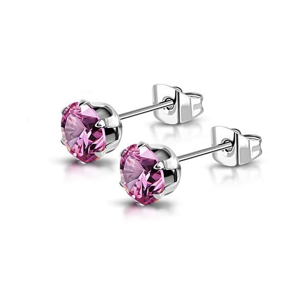 Stiftörhängen Stud Örhängen i Kirurgiskt Stål 316L i Silver Färg med Rund Akryl Facetterad Rosa Kristall - 3 mm