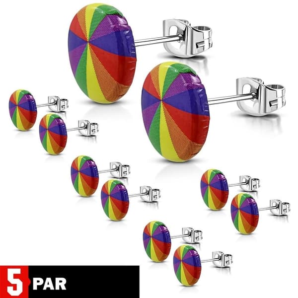5 par Stud Örhängen Pride Regnbågsfärgad cirkel Stål 316L 10 mm