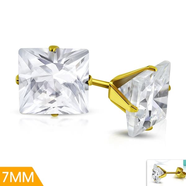 Stiftörhängen Stud Örhängen i Kirurgiskt Stål 316L i Guld Färg med Fyrkantig Vit/Klar Cubic Zircon Kristall - 7 mm