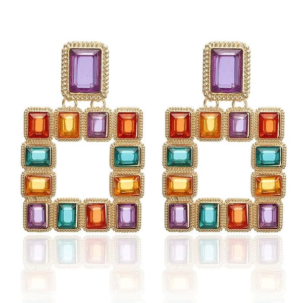 Fest Örhängen - Fyrkanter med Strass i Multifärg / Guld Färg