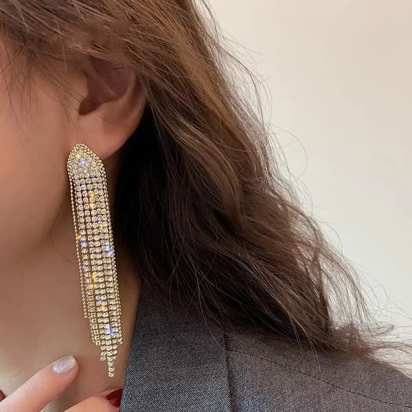 Strass Guld Örhängen med Kedjor - Glittrande Vita Rhinestones