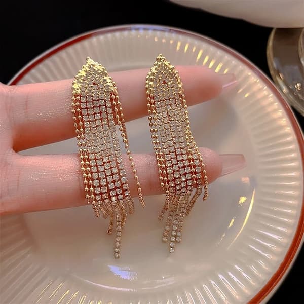 Strass Guld Örhängen med Kedjor - Glittrande Vita Rhinestones