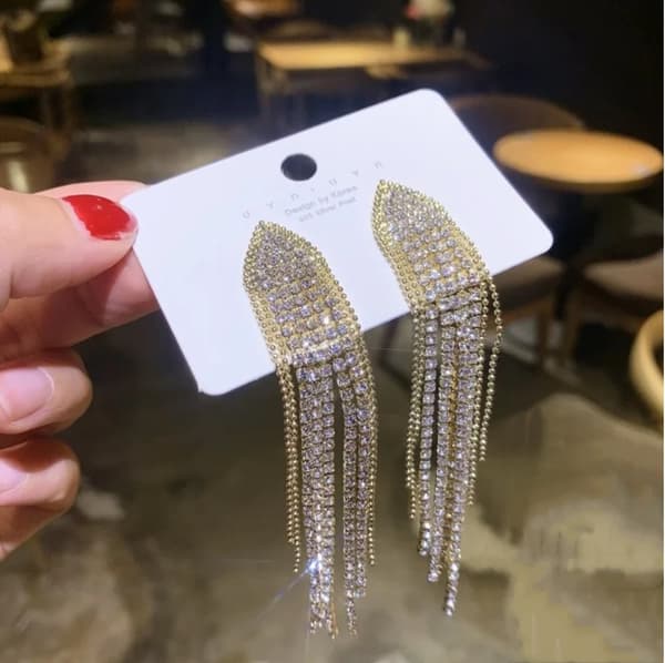 Strass Guld Örhängen med Kedjor - Glittrande Vita Rhinestones