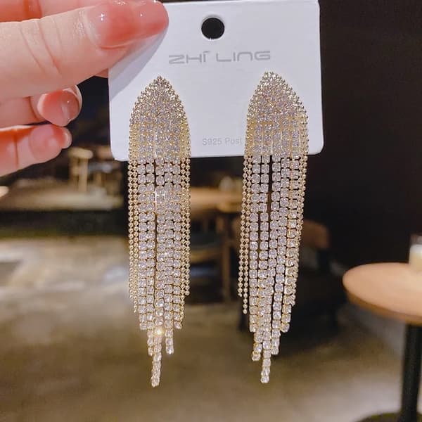 Strass Guld Örhängen med Kedjor - Glittrande Vita Rhinestones