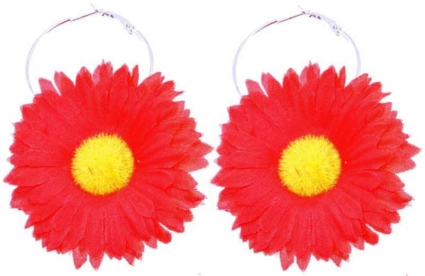 Retro Silver Örhängen / Hoop - Röd & Gul Blomma / Prästkrage