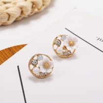 Guld Stud Örhängen - Vita Blommor samt Rhinestones & Pärlor