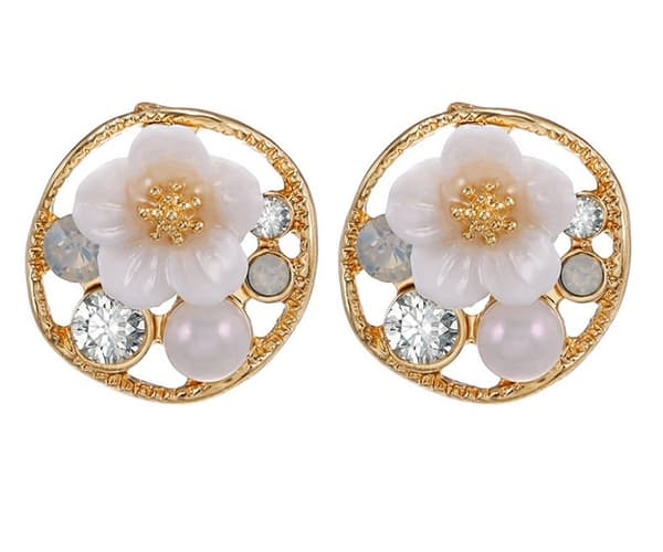 Guld Stud Örhängen - Vita Blommor samt Rhinestones & Pärlor