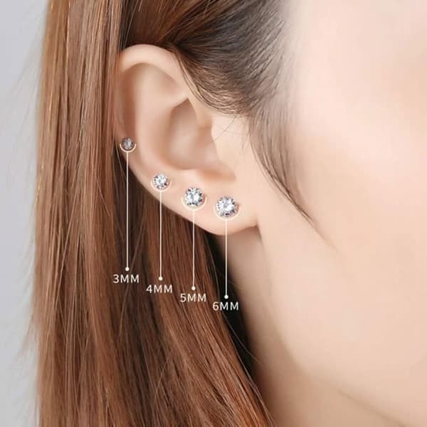 Set med 4 Cubic Zirconia örhängen för kvinnor, män, allergivänliga, runda örhängen, diameter 3/4/5/6 mm