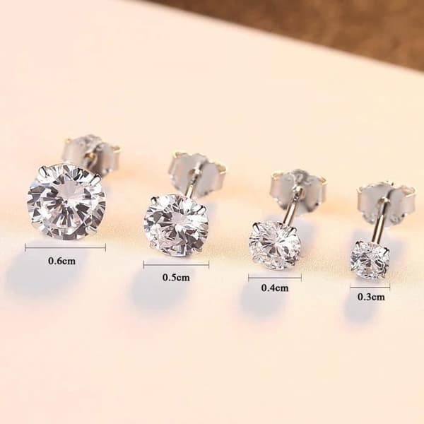 Set med 4 Cubic Zirconia örhängen för kvinnor, män, allergivänliga, runda örhängen, diameter 3/4/5/6 mm