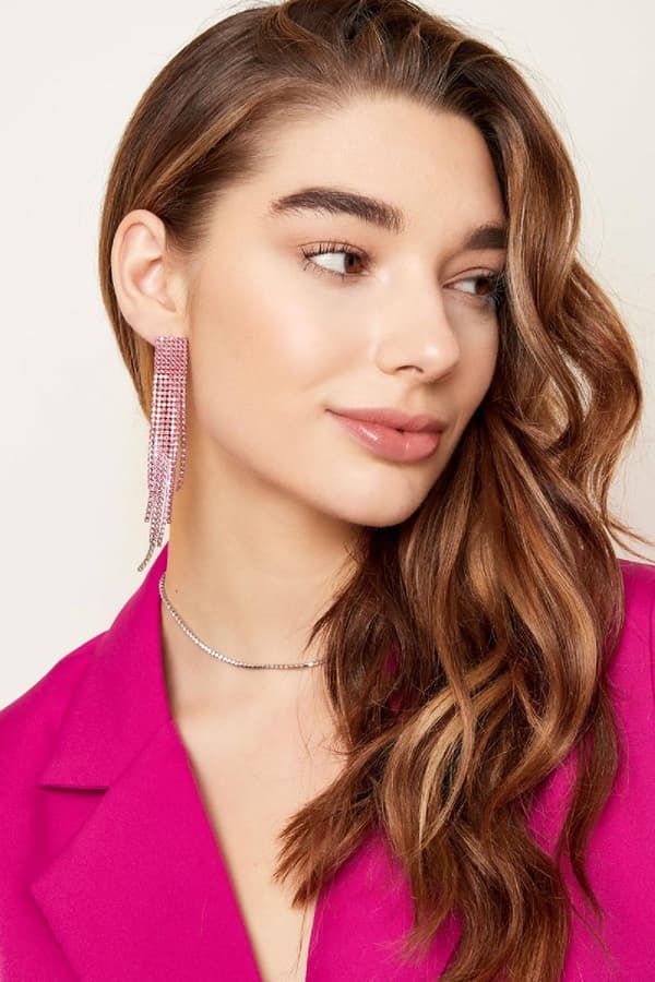 Lyxiga Strass Örhängen med Kedjor - Glittrande Rosa Rhinestones - Guldpläterade