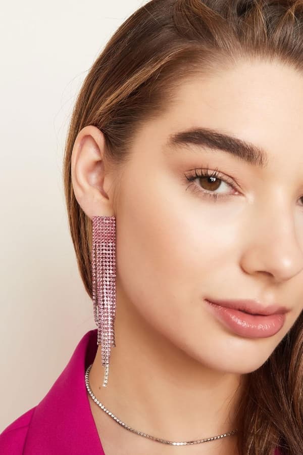 Lyxiga Strass Örhängen med Kedjor - Glittrande Rosa Rhinestones - Guldpläterade
