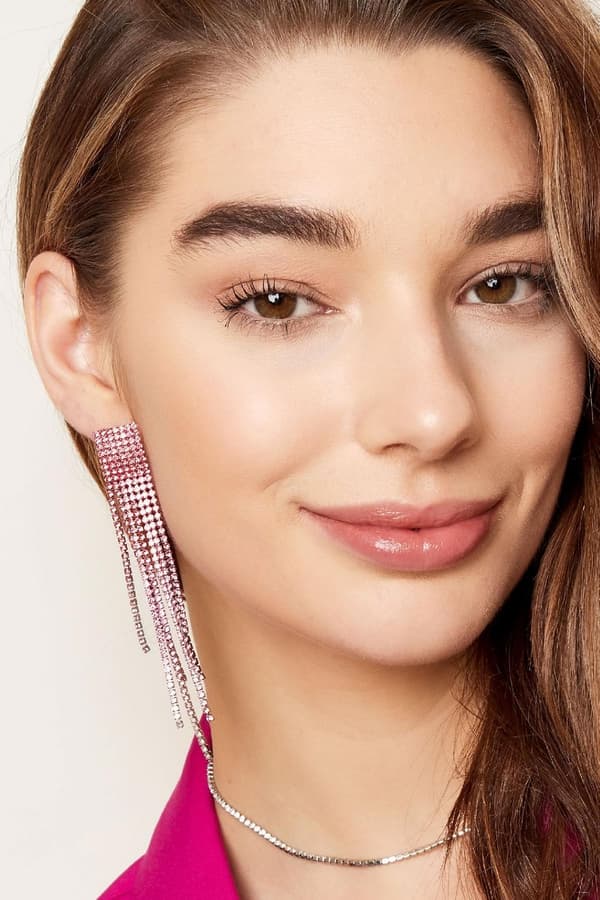 Lyxiga Strass Örhängen med Kedjor - Glittrande Rosa Rhinestones - Guldpläterade