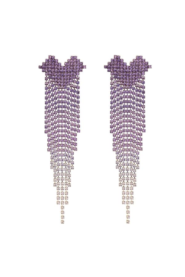 Strass Örhängen med Hjärta & Kedjor -Glittrande Lila Rhinestones - Guldpläterade