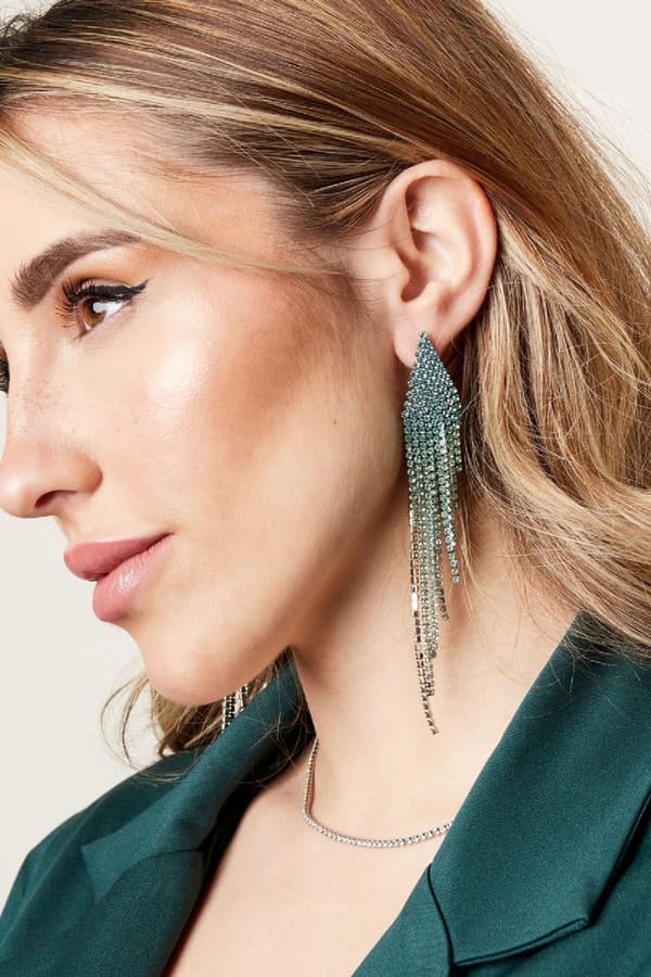 Lyxiga Strass Örhängen med Kedjor -Glittrande Turkos Rhinestones - Guldpläterade