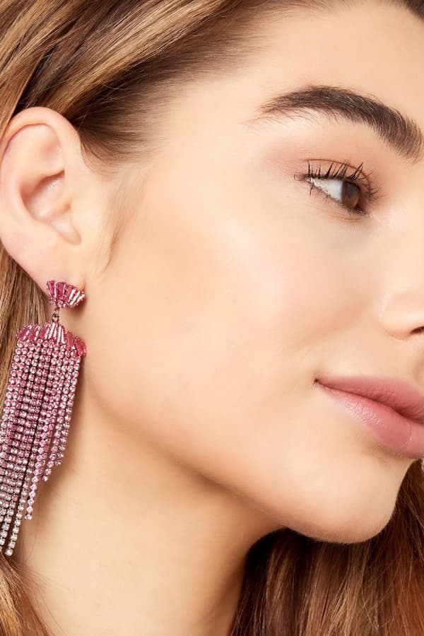 Lyxiga Strass Örhängen med Kedjor - Glittrande Rosa Rhinestones - Guldpläterade