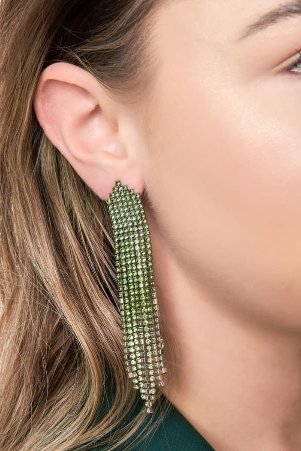 Lyxiga Strass Örhängen med Kedjor - Glittrande Gröna Rhinestones - Guldpläterade