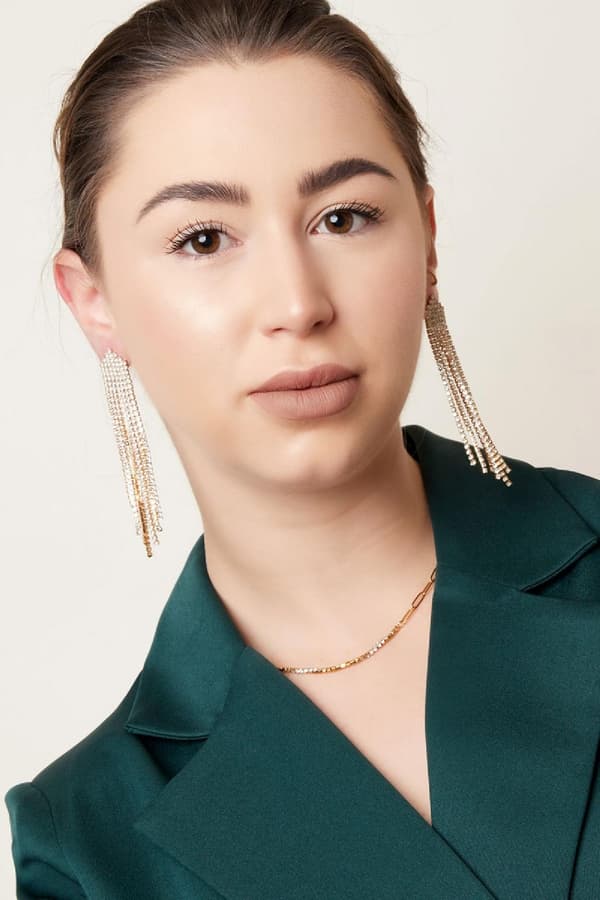 Lyxiga Strass Örhängen med Kedjor - Glittrande Gröna Rhinestones - Guldpläterade