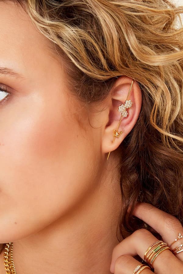 1 st Guldpläterad Earcuff Ear Cuff & Örhänge med Fjäril, Blommor & CZ - Guld