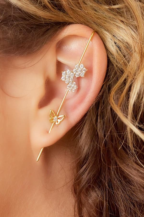 1 st Guldpläterad Earcuff Ear Cuff & Örhänge med Fjäril, Blommor & CZ - Guld