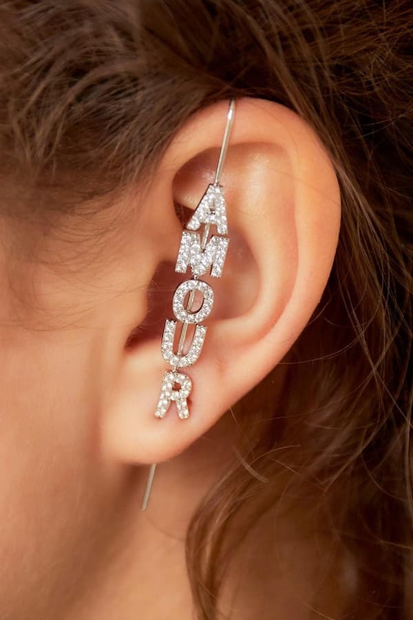 1 st Guldpläterat Örhänge / Ear Crawler med Zircon / Strass - Amour - Silver