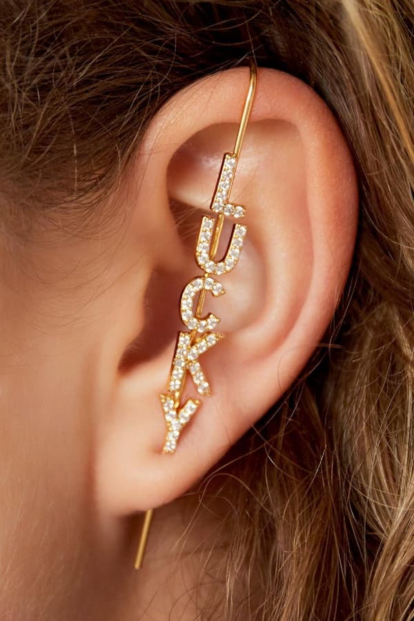 1 st Guldpläterat Örhänge / Ear Crawler med Zircon / Strass - Lucky - Guld