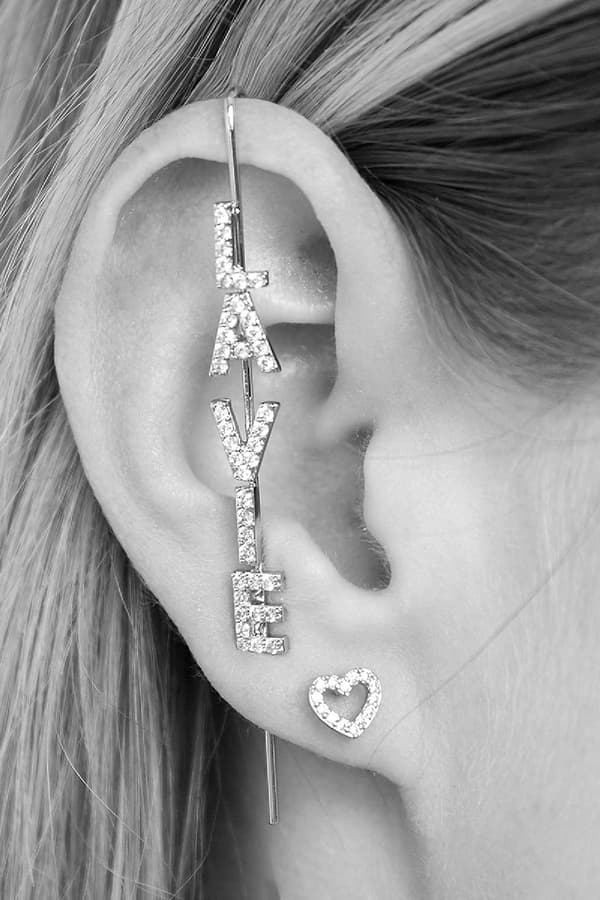 1 st Guldpläterat Örhänge / Ear Crawler med Zircon / Strass - La Vie (Livet) - Silver