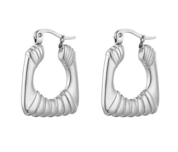 Blanka Silver Örhängen / Hoop / Creoler i Rostfritt Stål med Randigt Mönster - 2,6 cm