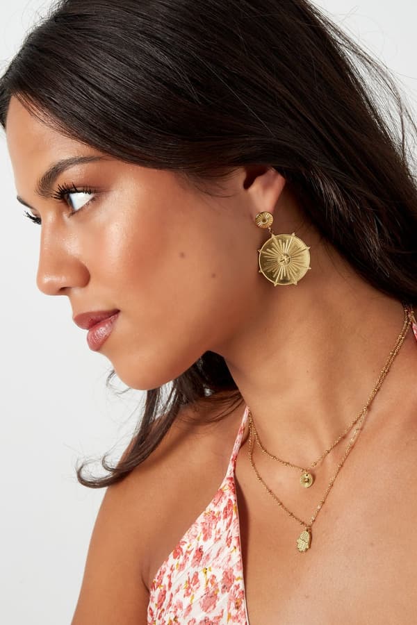 Boho Statement Örhängen i Rostfritt Stål med Runda Berlocker med Fint Mönster & Stjärnor - Guld