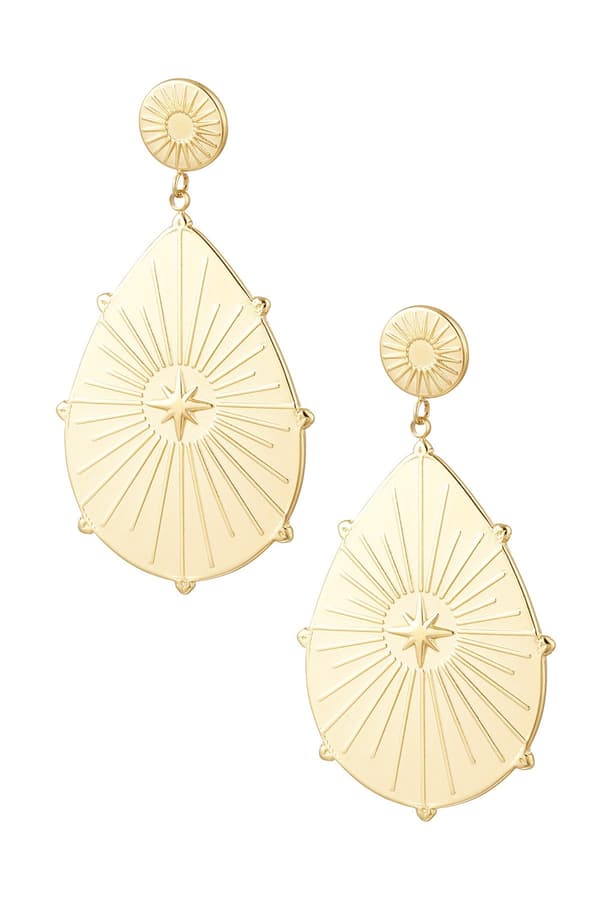 Boho Statement Örhängen i Rostfritt Stål med Ovala Berlocker med Fint Mönster & Stjärnor - Guld