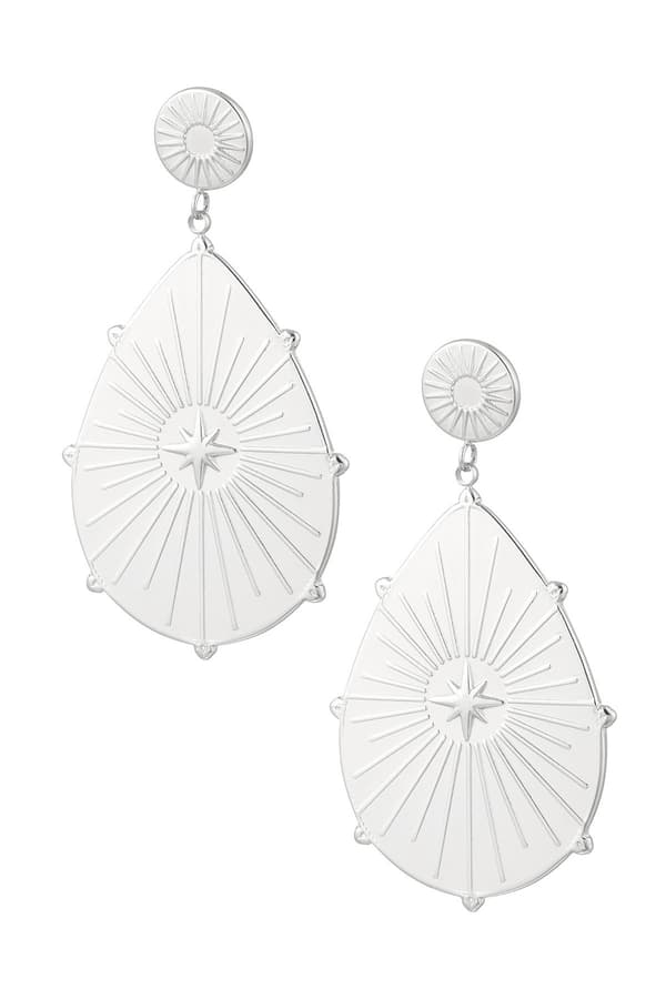 Boho Statement Örhängen i Rostfritt Stål med Ovala Berlocker med Fint Mönster & Stjärnor - Silver