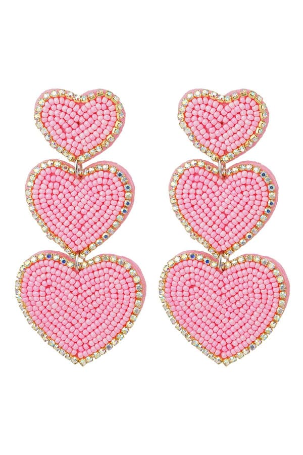 Långa Statement Örhängen i Rostfritt Stål med 3 Hjärtan Dekorerade med Pärlor / Glaspärlor - Rosa