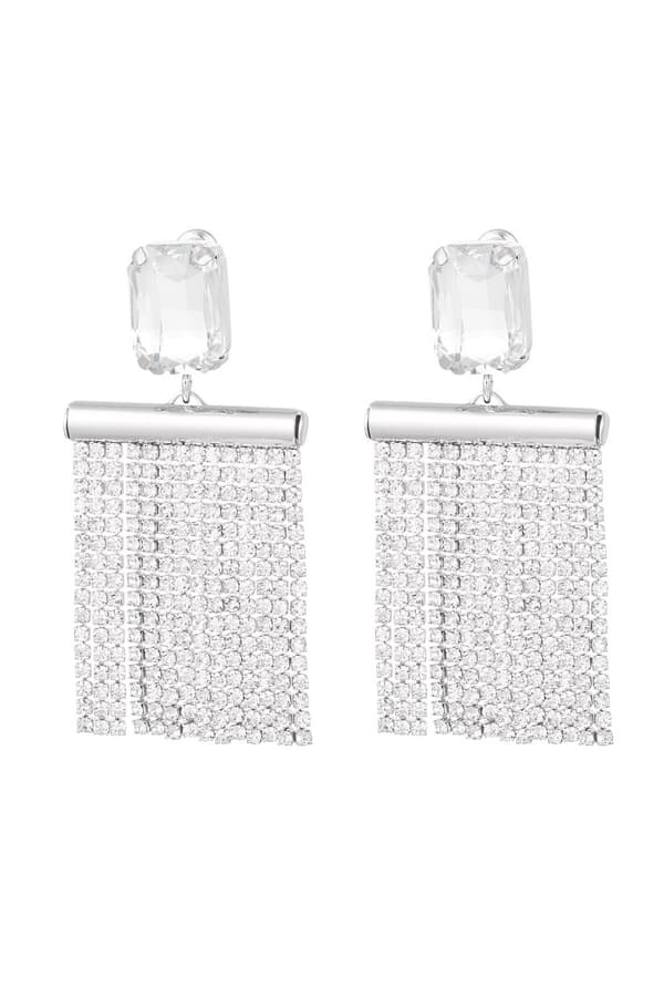 Lyxiga Strass Örhängen med en stor Glaspärla samt Kedjor fyllda med Glittrande Vita Zircon Stenar - Silver