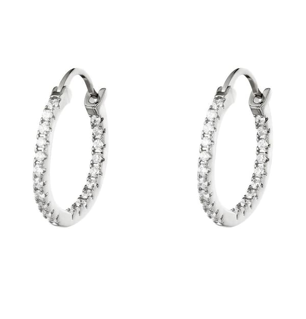 Lyxiga Strass Silver Örhängen - Hoop / Creoler med Vita Glittrande Zircon Stenar - 1,9 cm - Guldpläterade