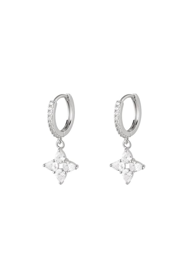 Strass Silver Örhängen - Hoop / Creoler med ett Hänge i form av en Stjärna med Vita Zircon Stenar - Vit Guldpläterade