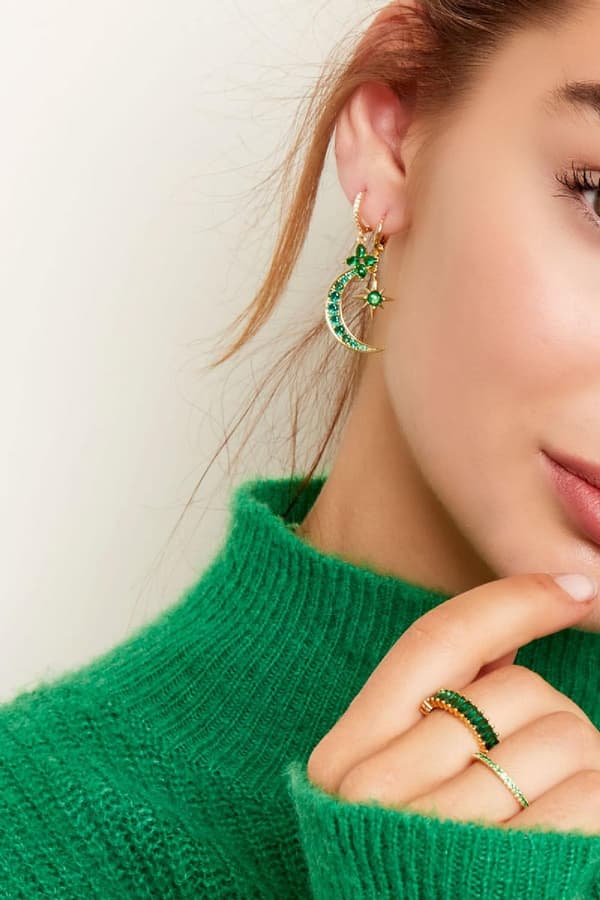 Strass Silver Örhängen - Hoop / Creoler med ett Hänge i form av en Stjärna med Vita Zircon Stenar - Vit Guldpläterade