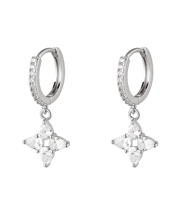 Strass Silver Örhängen - Hoop / Creoler med ett Hänge i form av en Stjärna med Vita Zircon Stenar - Vit Guldpläterade