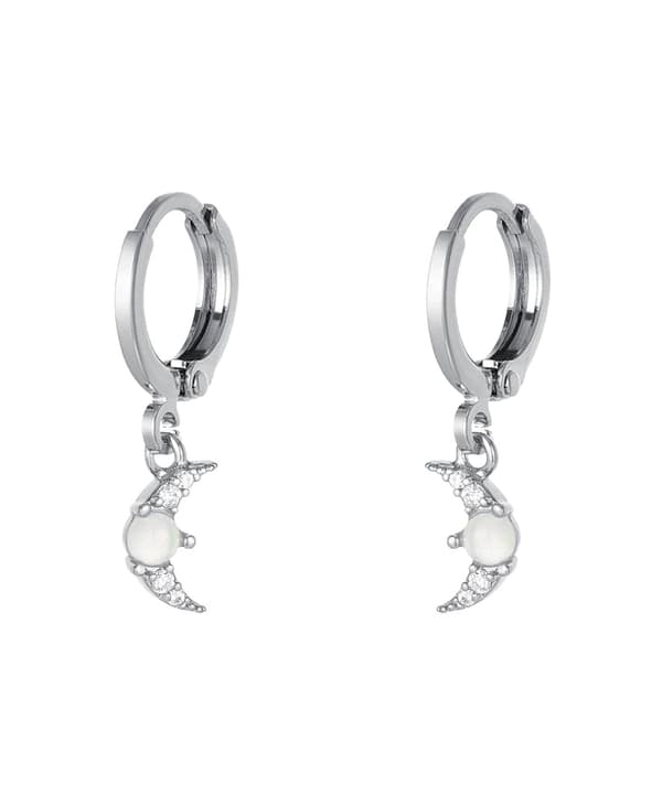Silver Örhängen - Hoop / Creoler med ett Hänge i form av en Söt Måne med Vita Zircon Stenar - Vit Guldpläterade
