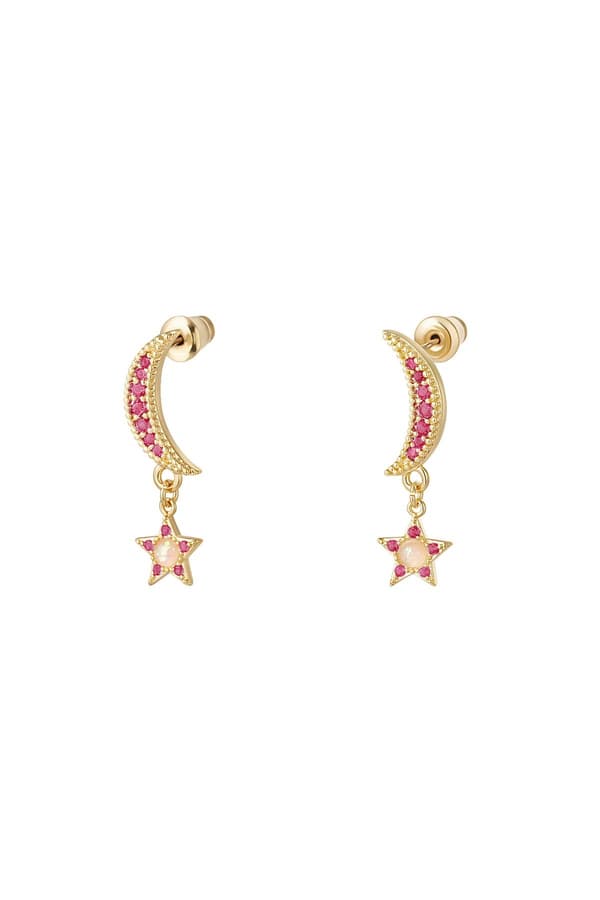 Guld Örhängen Dekorerade med Måne & Stjärna samt Glittrande Fuchsia / Cerise Zircon Stenar - Guldpläterade