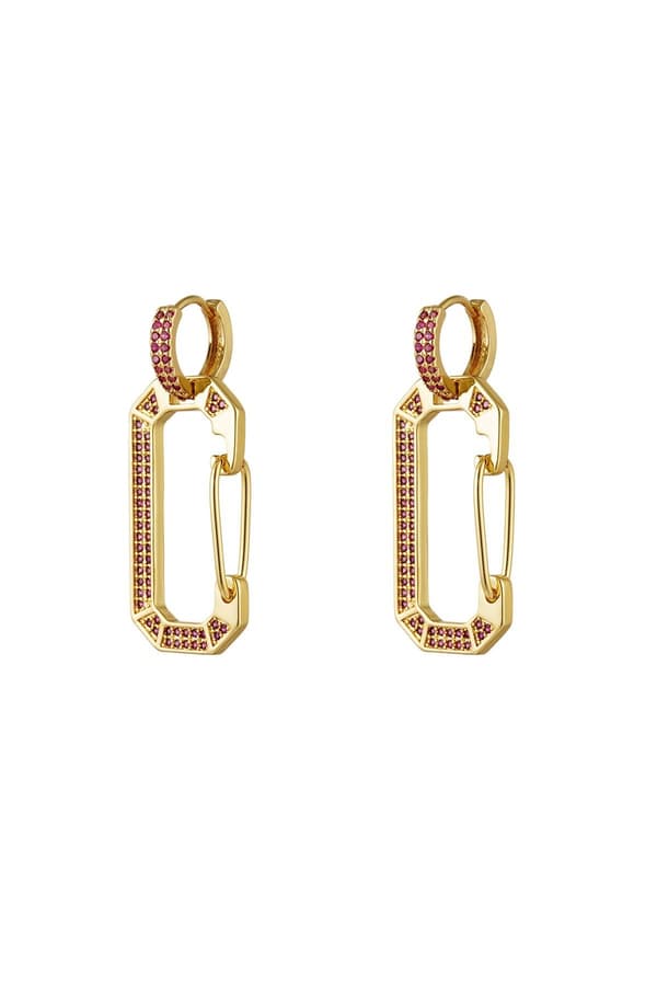 Unika Guld Hoop Örhängen med Geometriska Former Dekorerade med Glittrande Cerise Zircon Stenar - Guldpläterade