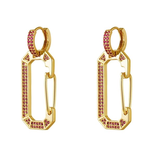 Unika Guld Hoop Örhängen med Geometriska Former Dekorerade med Glittrande Cerise Zircon Stenar - Guldpläterade