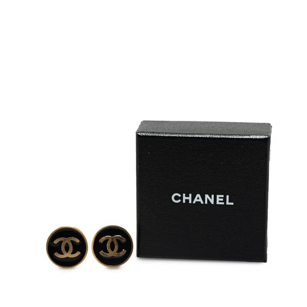 Pre-owned Chanel Gold Plated CC Clip On Earrings Black