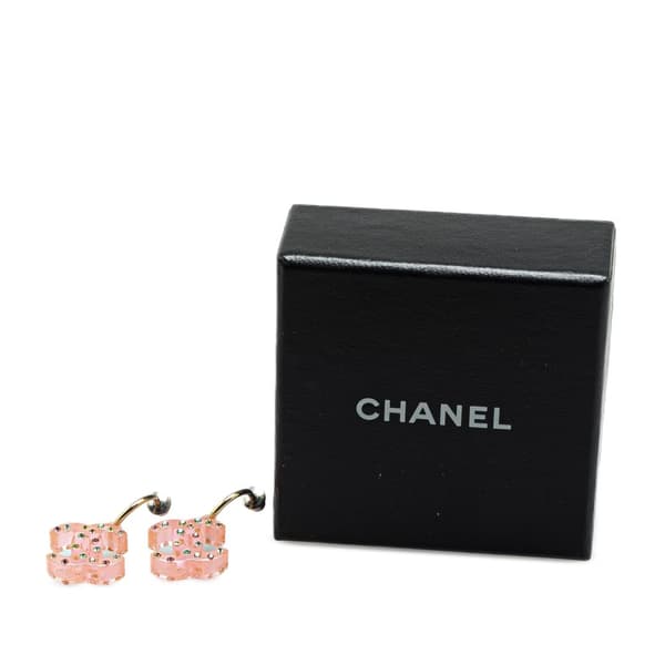 Pre-owned Chanel Gold Plated CC Acrylic Rhinestone Drop Push Back Earrings Pink