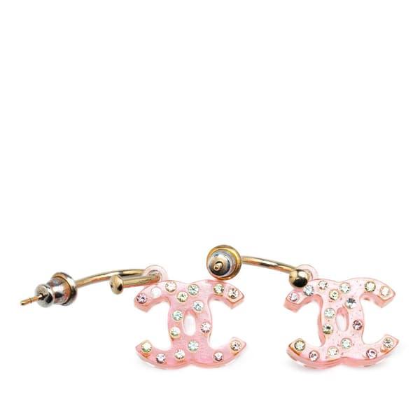 Pre-owned Chanel Gold Plated CC Acrylic Rhinestone Drop Push Back Earrings Pink